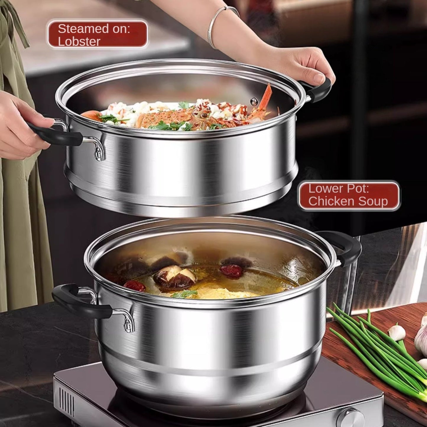 This multi-functional cooking pot is made of durable stainless steel and can be used for various cooking tasks such as making soup, steaming seafood, cooking noodles, and boiling milk. It is suitable for use on induction cookers and gas stoves, making it