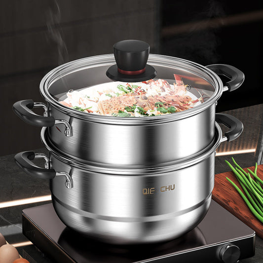 This multi-functional cooking pot is made of durable stainless steel and can be used for various cooking tasks such as making soup, steaming seafood, cooking noodles, and boiling milk. It is suitable for use on induction cookers and gas stoves, making it