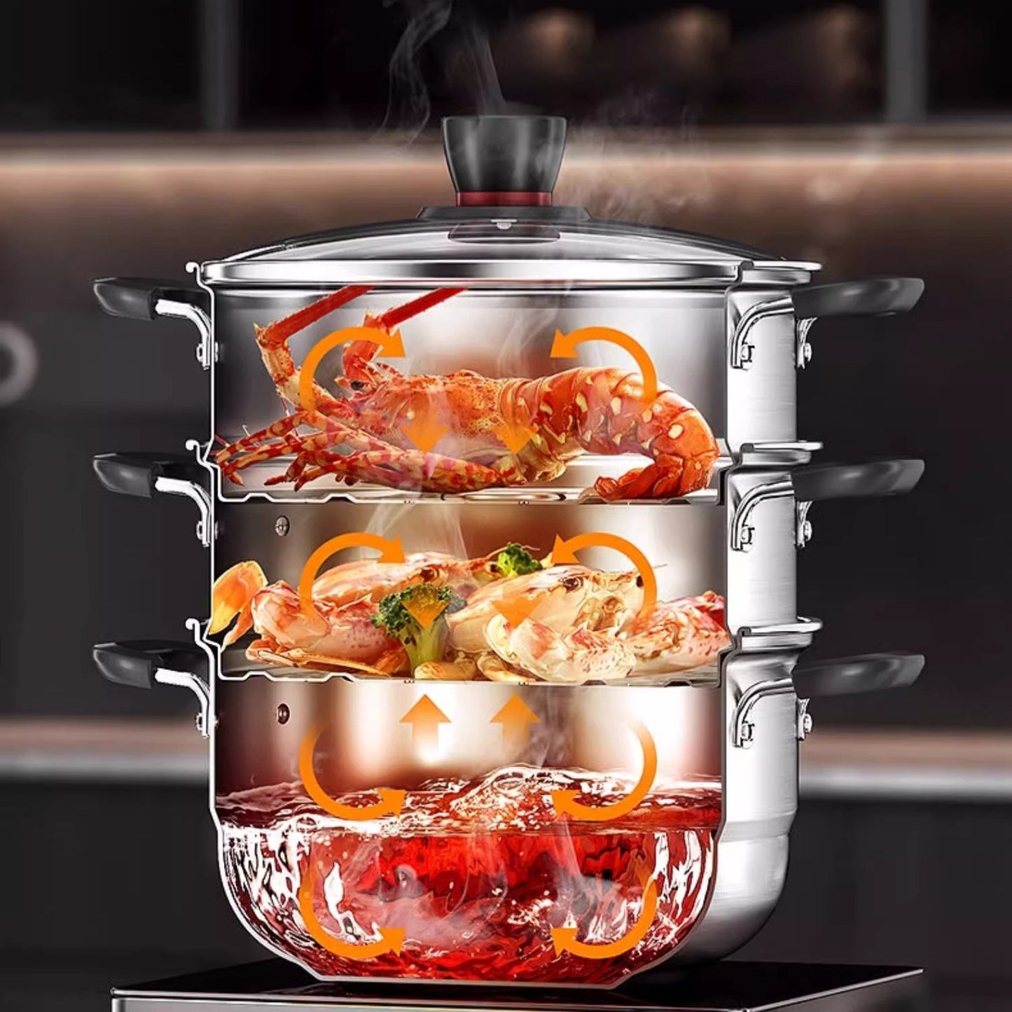 This multi-functional cooking pot is made of durable stainless steel and can be used for various cooking tasks such as making soup, steaming seafood, cooking noodles, and boiling milk. It is suitable for use on induction cookers and gas stoves, making it