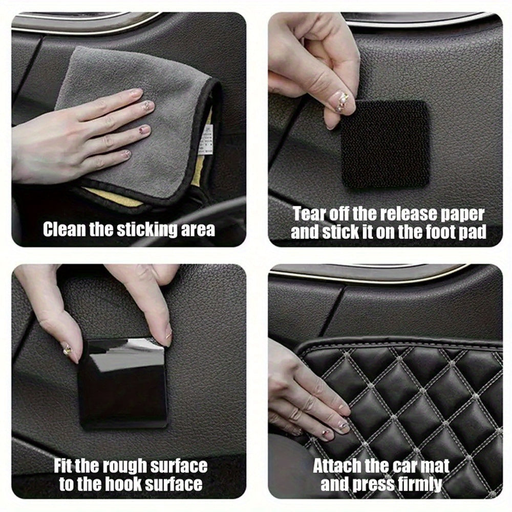 40 pieces of black double-sided adhesive car foot mats with invisible, anti-slip hook-and-loop fasteners for easy snap-on installation, perfect for securing remotes and accessories in vehicles.