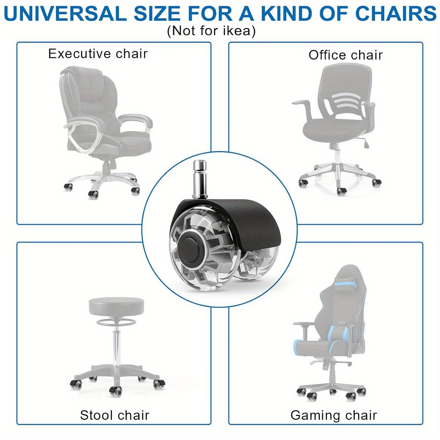 5-Pack Heavy Duty Office Chair Casters with 997.9 KG support, smooth rolling, quiet rubber wheels suitable for all floors, universal standard rod size, 5.08 cm clear polyester wheels with