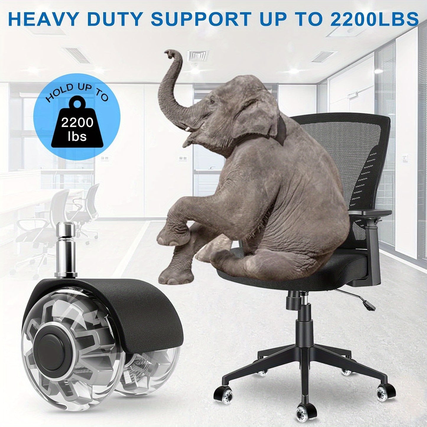 5-Pack Heavy Duty Office Chair Casters with 997.9 KG support, smooth rolling, quiet rubber wheels suitable for all floors, universal standard rod size, 5.08 cm clear polyester wheels with