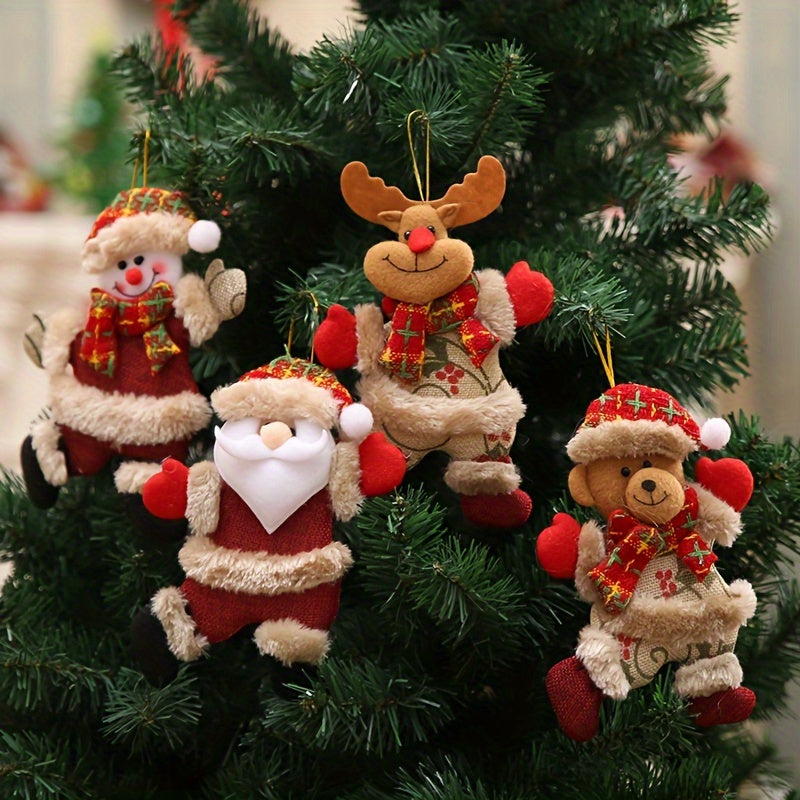 Set of 4 Christmas tree ornaments - featuring Santa, Reindeer, Snowman, and Bear. Made of linen fabric, these hanging decorations are perfect for adding a festive touch to your home or office this holiday season. Ideal for Christmas decorating.