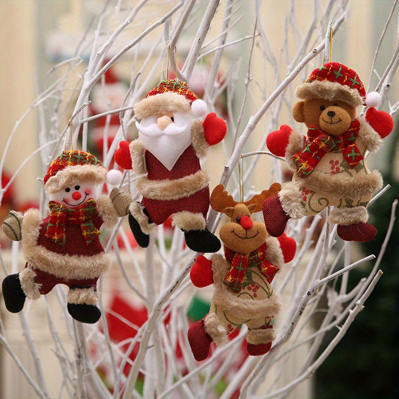 Set of 4 Christmas tree ornaments - featuring Santa, Reindeer, Snowman, and Bear. Made of linen fabric, these hanging decorations are perfect for adding a festive touch to your home or office this holiday season. Ideal for Christmas decorating.