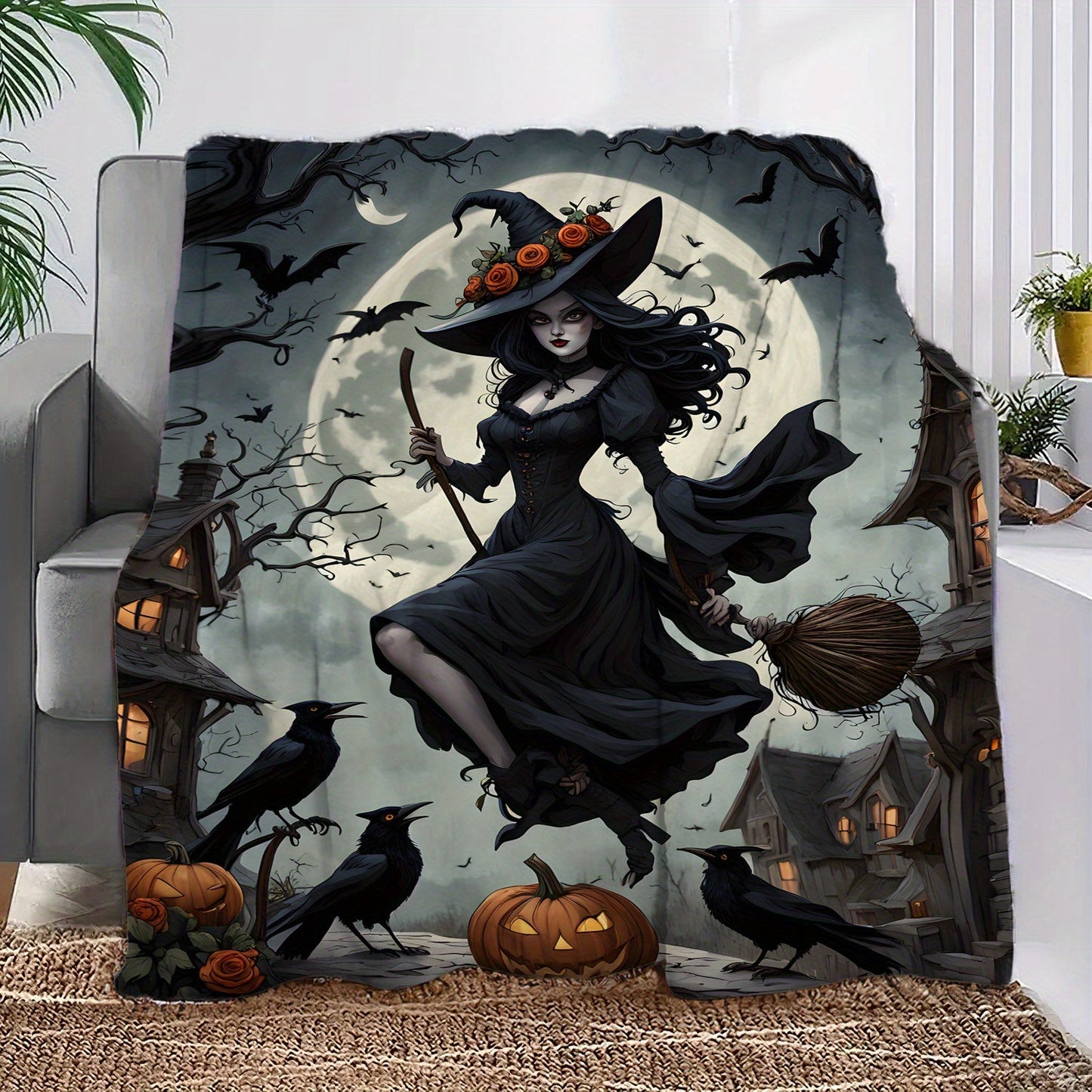 One piece of a Just-In-Time Witch in a Moonlight Black Dress Printed Flannel Fleece Blanket. This festive throw is perfect as a gift, and can be used for multiple purposes such as on the beach, camping, on the sofa, for pets, in the office, or as home