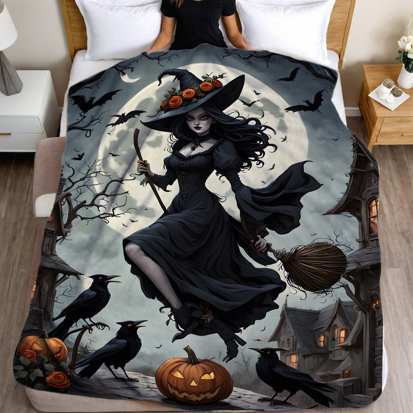 One piece of a Just-In-Time Witch in a Moonlight Black Dress Printed Flannel Fleece Blanket. This festive throw is perfect as a gift, and can be used for multiple purposes such as on the beach, camping, on the sofa, for pets, in the office, or as home