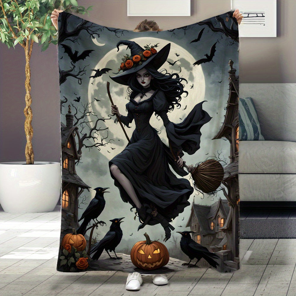 One piece of a Just-In-Time Witch in a Moonlight Black Dress Printed Flannel Fleece Blanket. This festive throw is perfect as a gift, and can be used for multiple purposes such as on the beach, camping, on the sofa, for pets, in the office, or as home