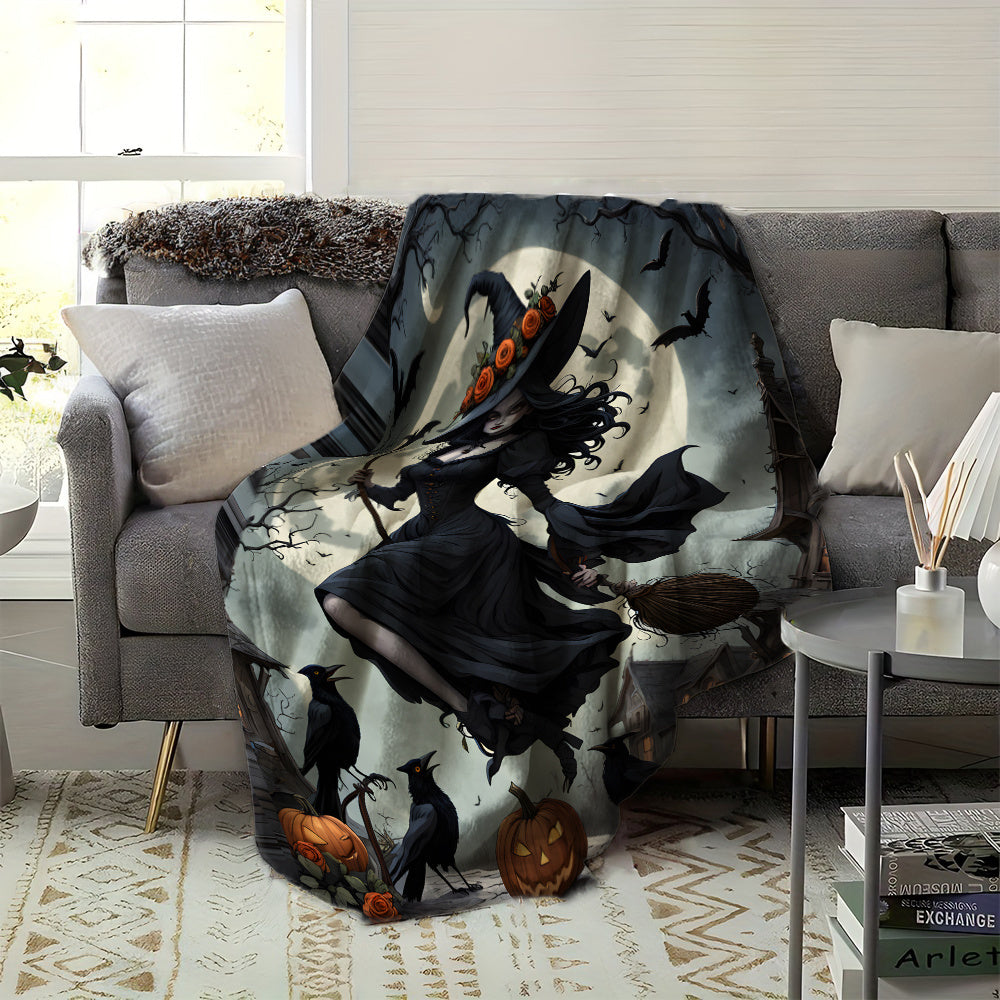 One piece of a Just-In-Time Witch in a Moonlight Black Dress Printed Flannel Fleece Blanket. This festive throw is perfect as a gift, and can be used for multiple purposes such as on the beach, camping, on the sofa, for pets, in the office, or as home