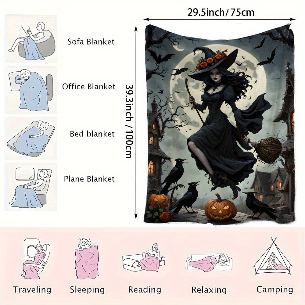 One piece of a Just-In-Time Witch in a Moonlight Black Dress Printed Flannel Fleece Blanket. This festive throw is perfect as a gift, and can be used for multiple purposes such as on the beach, camping, on the sofa, for pets, in the office, or as home