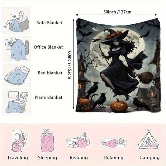 One piece of a Just-In-Time Witch in a Moonlight Black Dress Printed Flannel Fleece Blanket. This festive throw is perfect as a gift, and can be used for multiple purposes such as on the beach, camping, on the sofa, for pets, in the office, or as home