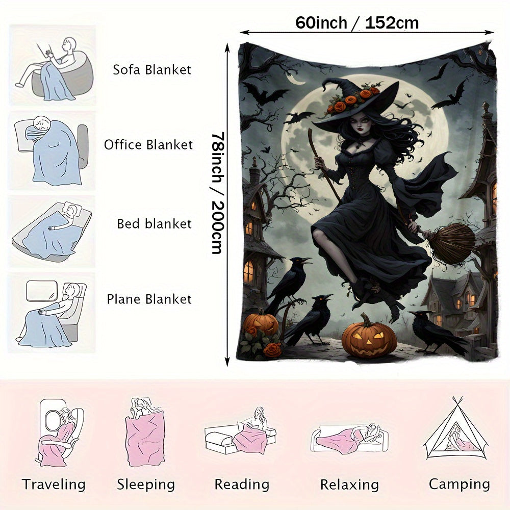 One piece of a Just-In-Time Witch in a Moonlight Black Dress Printed Flannel Fleece Blanket. This festive throw is perfect as a gift, and can be used for multiple purposes such as on the beach, camping, on the sofa, for pets, in the office, or as home