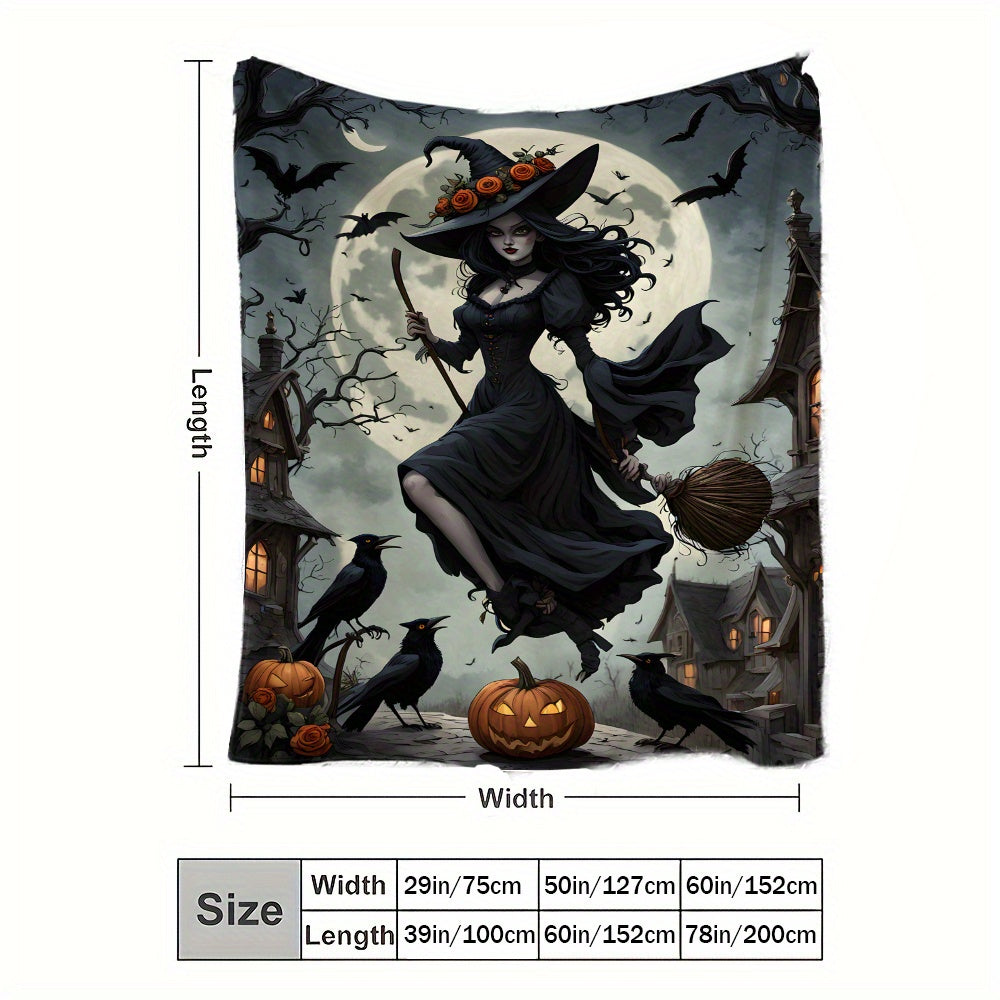 One piece of a Just-In-Time Witch in a Moonlight Black Dress Printed Flannel Fleece Blanket. This festive throw is perfect as a gift, and can be used for multiple purposes such as on the beach, camping, on the sofa, for pets, in the office, or as home