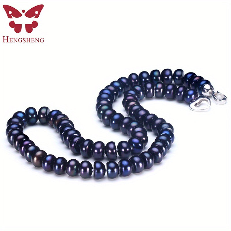 Beautiful Freshwater Black Pearl Necklace for Women, featuring 8-9mm Round Bread Pearls and a Love Clasp. This luxurious necklace makes the perfect gift for Christmas and any occasion. Made without any metal, it is ideal for banquets and special events