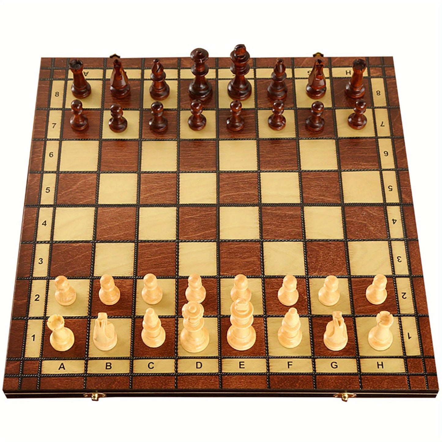 15-inch wooden chess set with folding design, large playing area, and durable construction. Perfect for adults and beginners.Features dark brown and natural wood pieces. Classic strategic