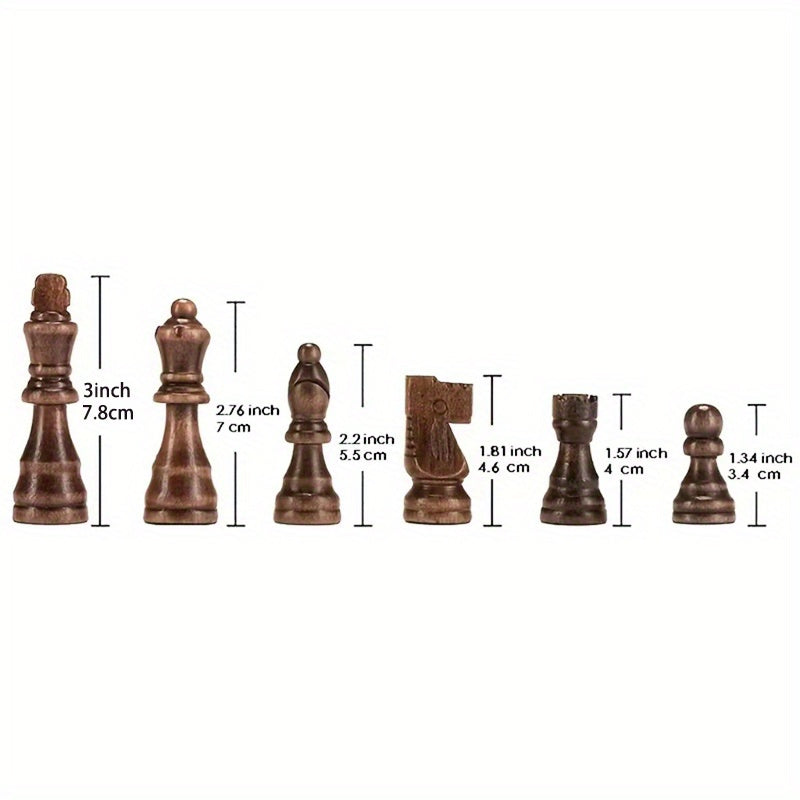 15-inch wooden chess set with folding design, large playing area, and durable construction. Perfect for adults and beginners.Features dark brown and natural wood pieces. Classic strategic