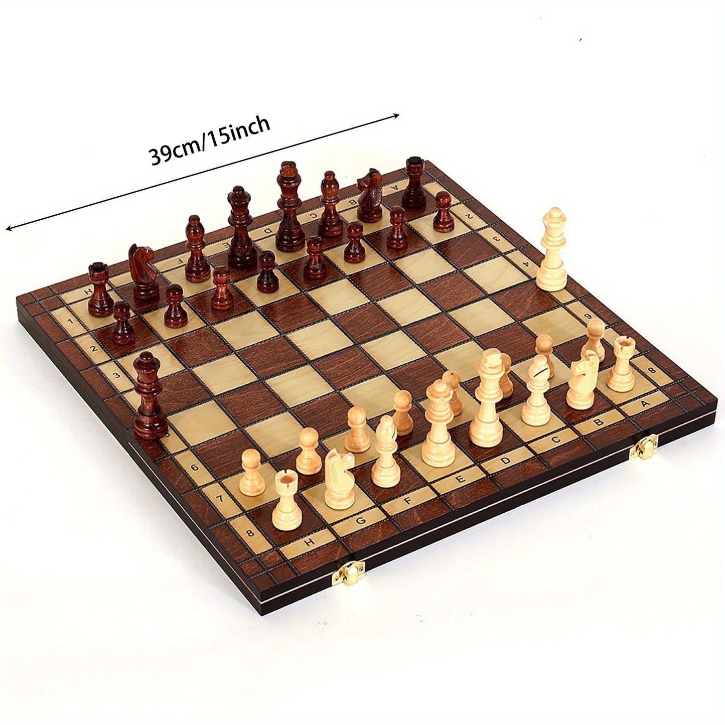 15-inch wooden chess set with folding design, large playing area, and durable construction. Perfect for adults and beginners.Features dark brown and natural wood pieces. Classic strategic