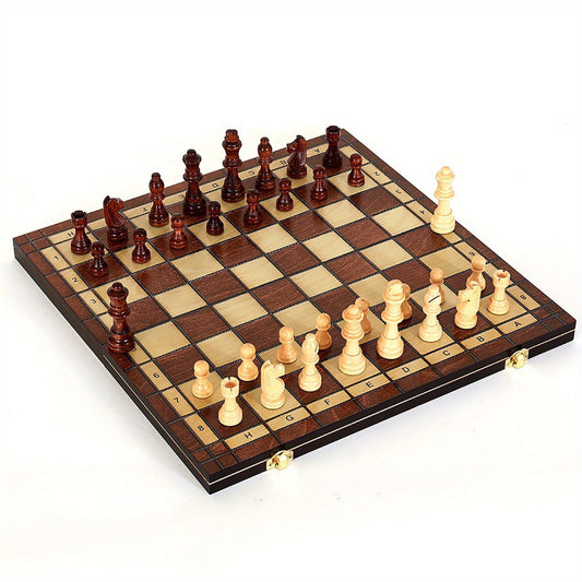 15-inch wooden chess set with folding design, large playing area, and durable construction. Perfect for adults and beginners.Features dark brown and natural wood pieces. Classic strategic