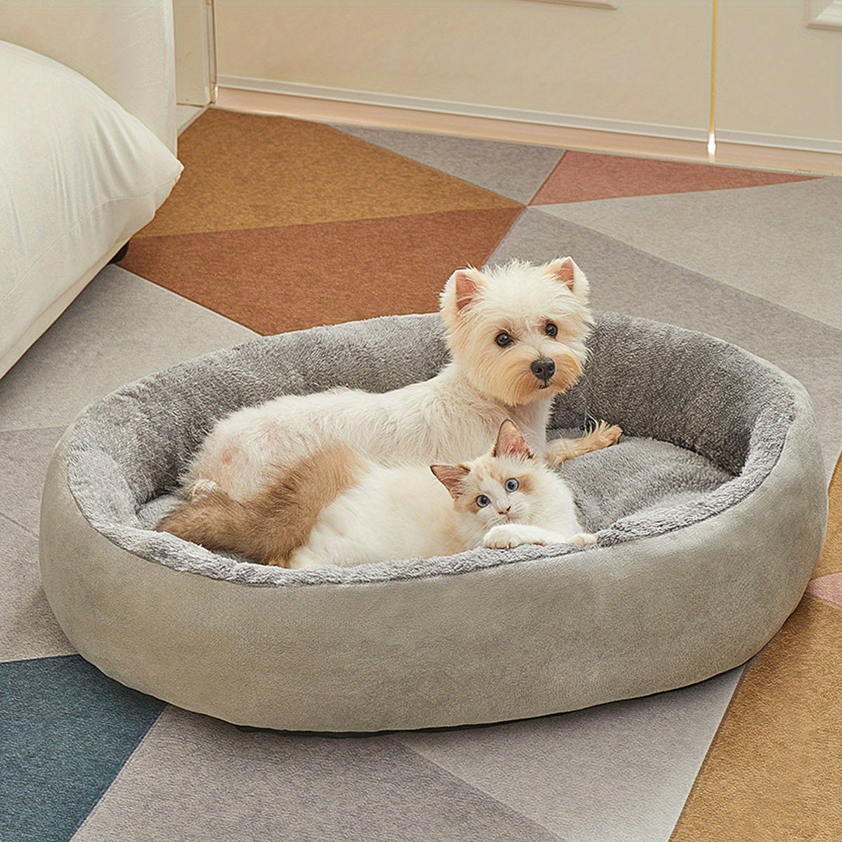 Cozy oval pet bed for small to medium dogs, plush polypropylene mat, non-assembled.