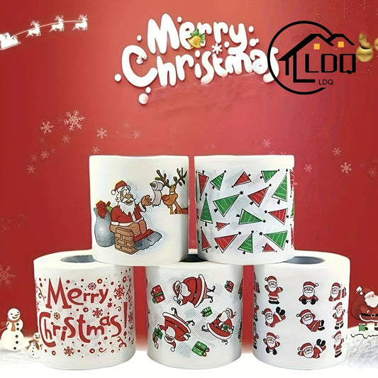 LATTBY Biodegradable Christmas Toilet Paper Rolls - 5 Pack featuring Festive Santa, Reindeer, and Tree Designs. Perfect for Holiday Decor and Party Supplies - Soft Tissue for a Festive Touch.