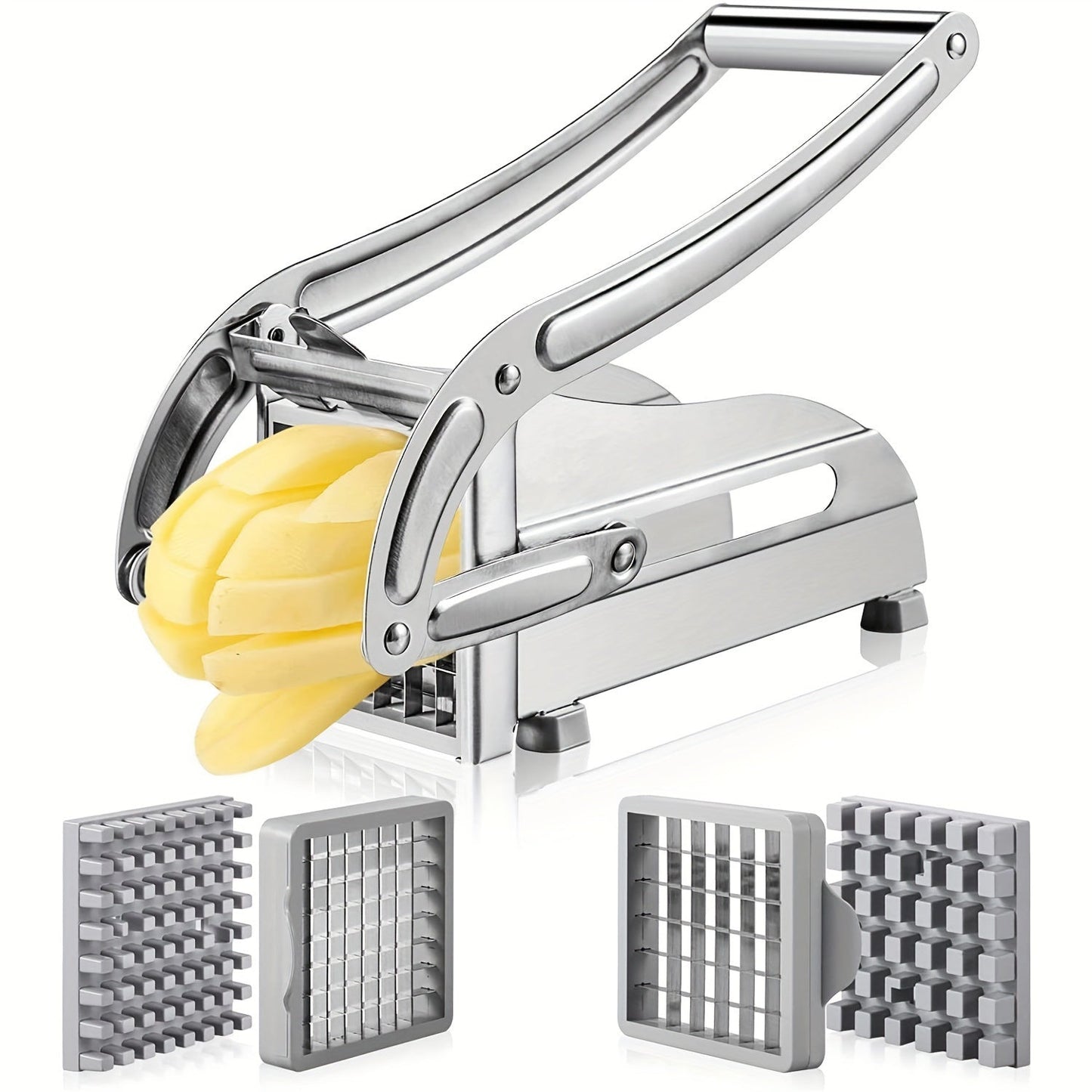 Commercial-grade French fry cutter made of stainless steel, featuring suction feet for stability. This heavy-duty potato cutter is suitable for slicing potatoes, carrots, cucumbers, onions, and other vegetables. A versatile kitchen gadget for quick and