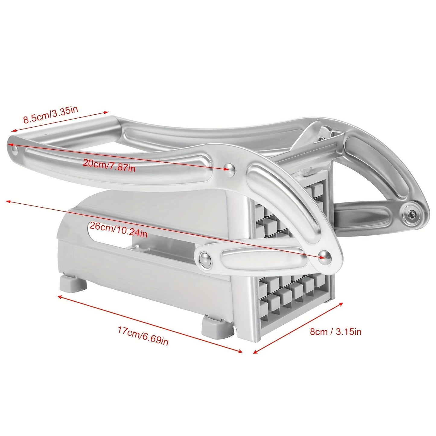 Commercial-grade French fry cutter made of stainless steel, featuring suction feet for stability. This heavy-duty potato cutter is suitable for slicing potatoes, carrots, cucumbers, onions, and other vegetables. A versatile kitchen gadget for quick and