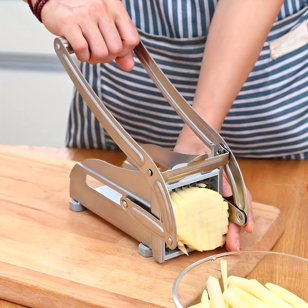 Commercial-grade French fry cutter made of stainless steel, featuring suction feet for stability. This heavy-duty potato cutter is suitable for slicing potatoes, carrots, cucumbers, onions, and other vegetables. A versatile kitchen gadget for quick and