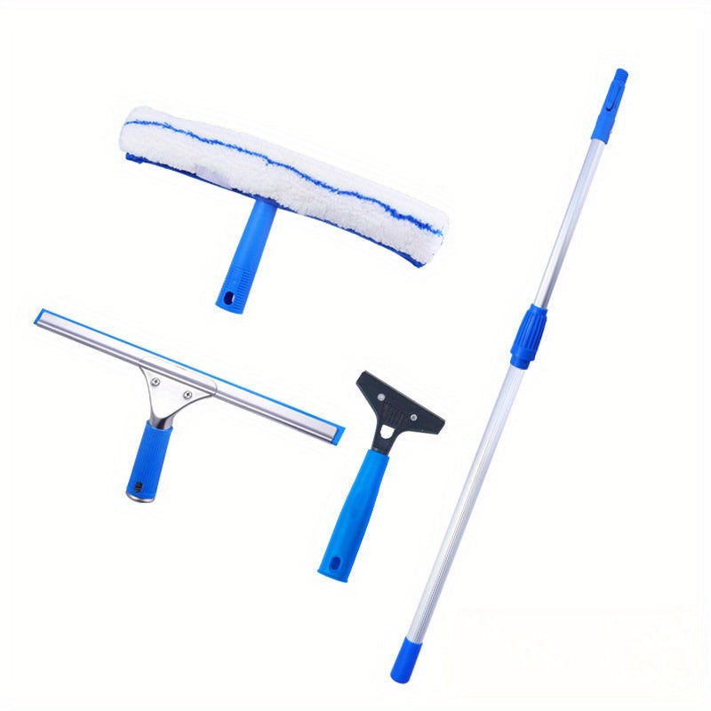 The professional glass cleaning tool kit includes a four-piece glass scraper set with a brush head and an extension rod, making the task of cleaning glass more efficient.