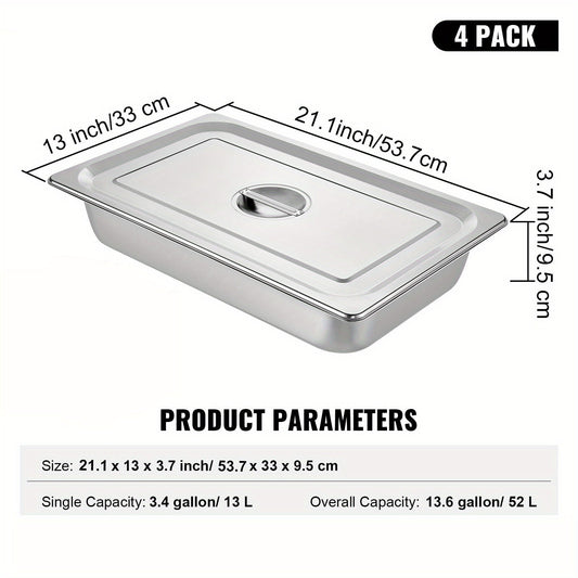 Set of four full-size hotel pans with lids - 53.09x33.02x10.16 cm stainless steel steam table pans featuring anti-jam stackable design. These 13L oven-safe food serving trays are perfect for both commercial and home use. They are dishwasher safe for easy