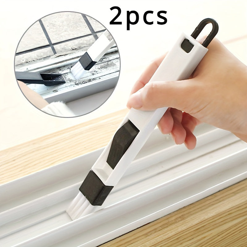 Versatile tool for cleaning plastic window grooves, dusting, and for use with vacuum cleaners, keyboards, and kitchen surfaces.