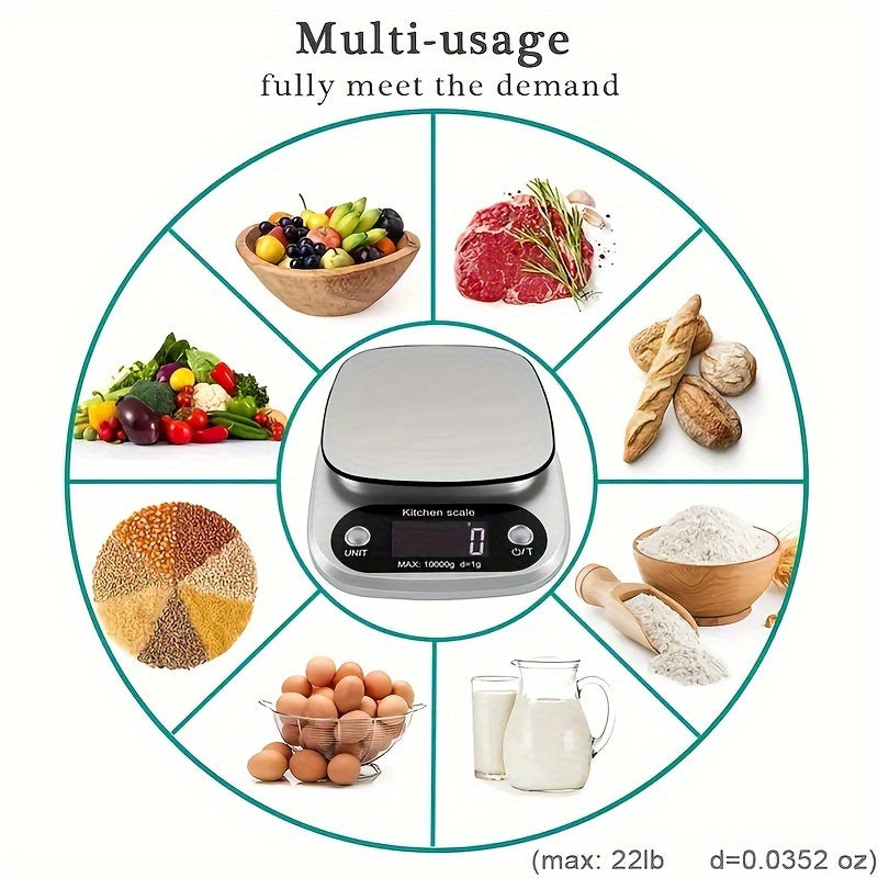 10kg Digital Kitchen Scale with 1g Accuracy, Sleek Design, LCD Display, Tare Function, Multi-Unit Measurement, Battery Operated, Plastic Material, 36V Max Voltage