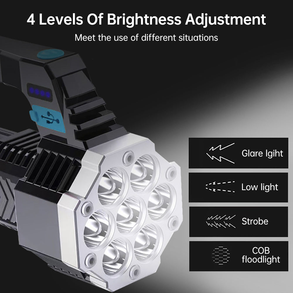 WUZHISHANG High Power LED Flashlight with USB rechargeable lithium battery, 4 brightness levels, and USB cable.