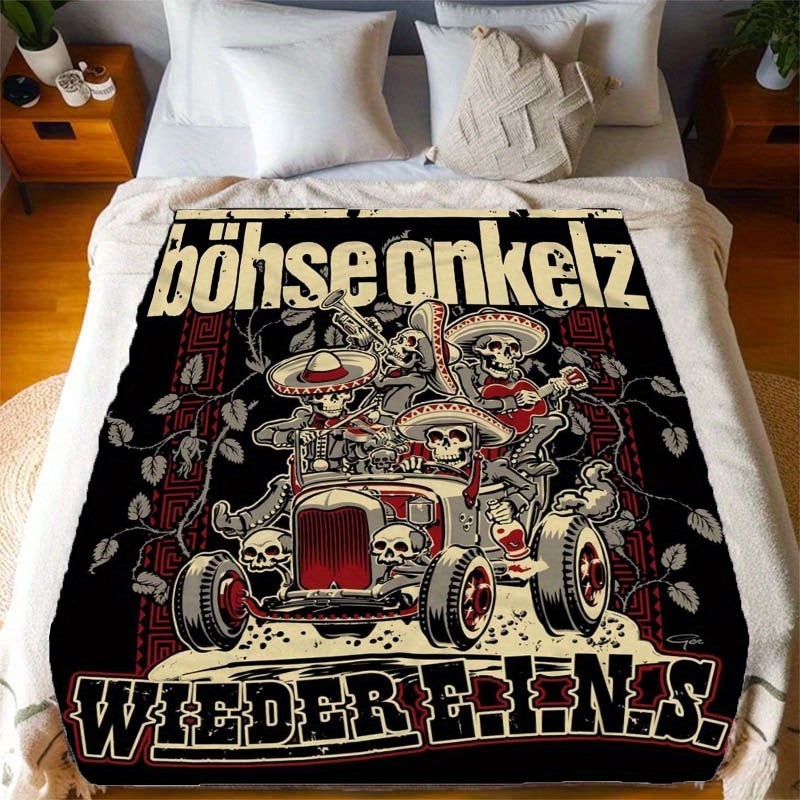 Stay cozy and stylish with the Bohse Onkelz Dia de los Muertos Skull Print Throw Blanket. This warm and comfortable blanket is perfect for all seasons and makes a great addition to your home decor. It can also be used as a multifunctional office and sofa