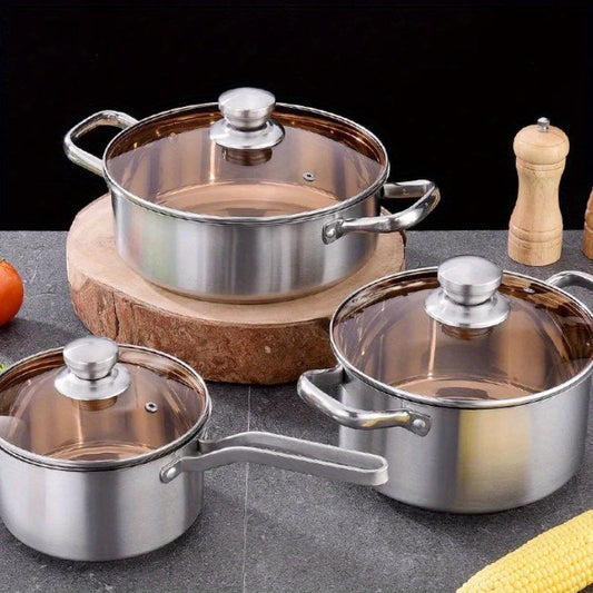 Set of 3 Stainless Steel Cookware Pieces - Includes Milk, Hot, and Soup Pots with Heat-Resistant Bottoms, Ideal for Use on Gas and Induction Stoves