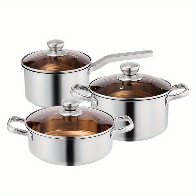 Set of 3 Stainless Steel Cookware Pieces - Includes Milk, Hot, and Soup Pots with Heat-Resistant Bottoms, Ideal for Use on Gas and Induction Stoves