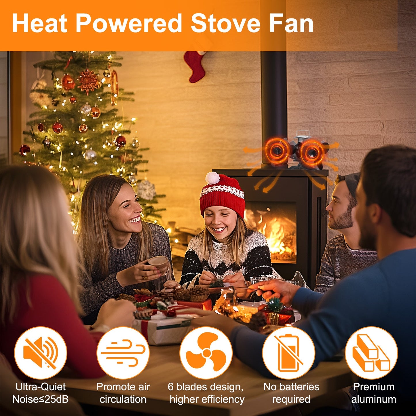 EcoSmart Aluminum Heat Powered Stove Fan features Dual Motors for Ultra-Quiet Efficient Heat Circulation. High-Speed Blades ensure No Battery is Required. Ideal for Wood Burning Fireplace and Stove.