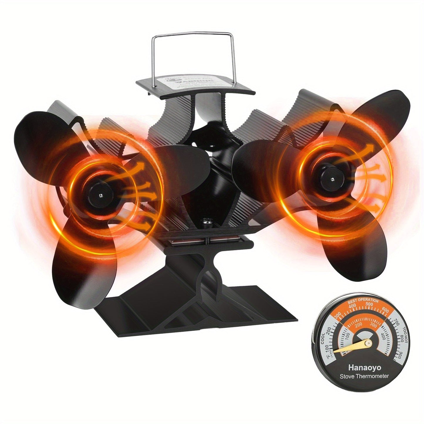 EcoSmart Aluminum Heat Powered Stove Fan features Dual Motors for Ultra-Quiet Efficient Heat Circulation. High-Speed Blades ensure No Battery is Required. Ideal for Wood Burning Fireplace and Stove.