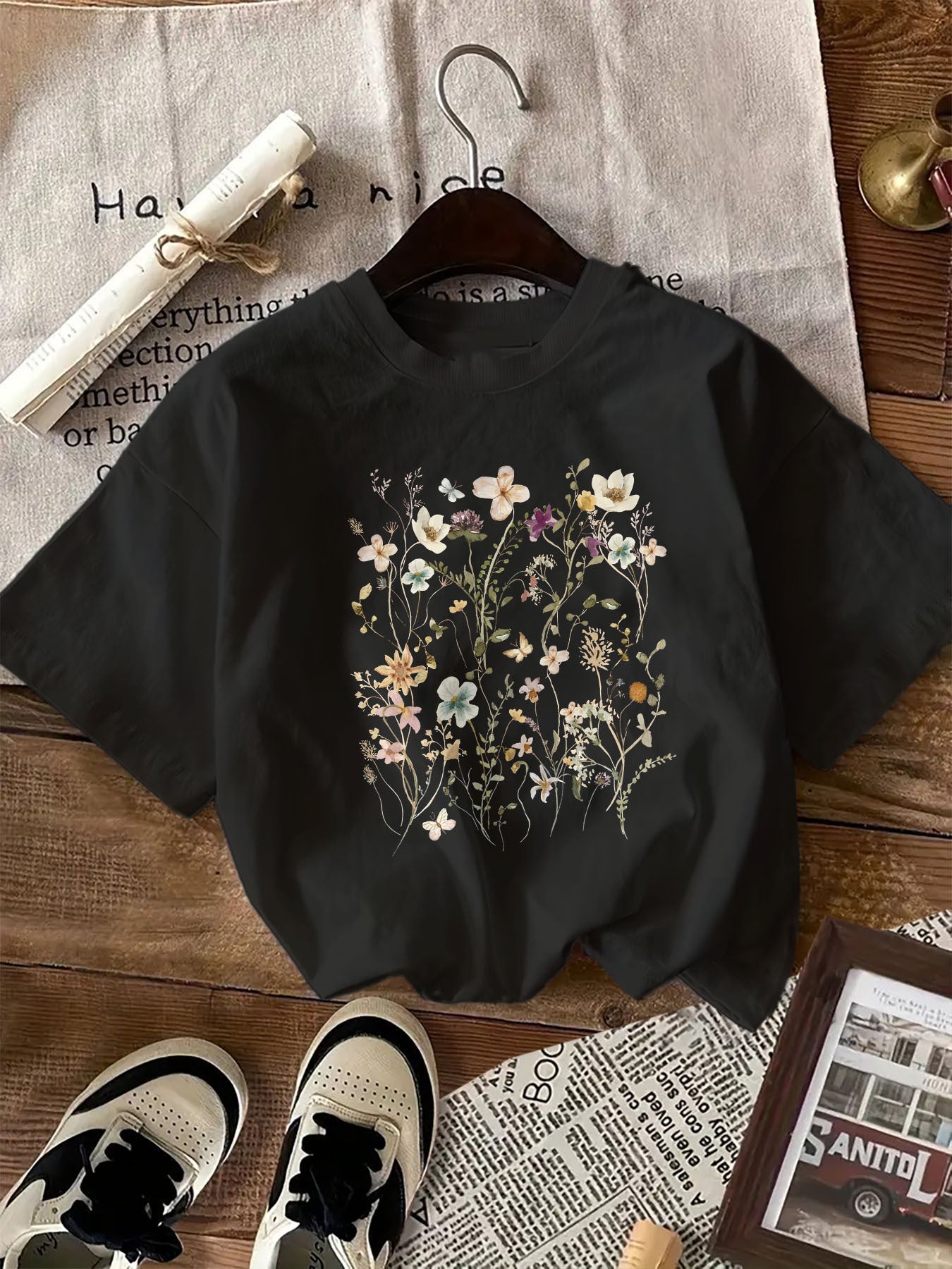 Women's Floral Print T-Shirt - Crew Neck, Short Sleeve, machine washable, suitable for all seasons