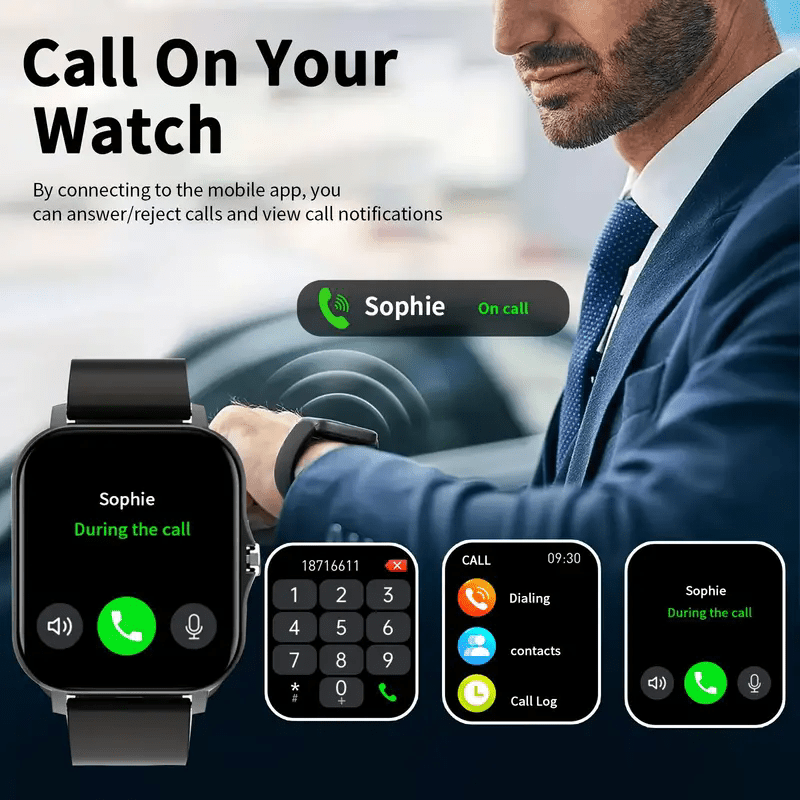 This feature-packed watch includes a stopwatch, alarm clock, calendar, music player, message receiving, wireless calling, sports mode, sedentary reminder, weather forecast, and calculator.