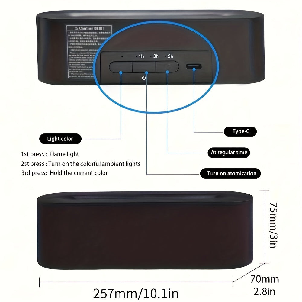 Qora USB quvvatlangan efir moyi namlantgichi, LED olov effektiga ega; uy, ofis yoki yotoq xonasi bezatish uchun mukammal.