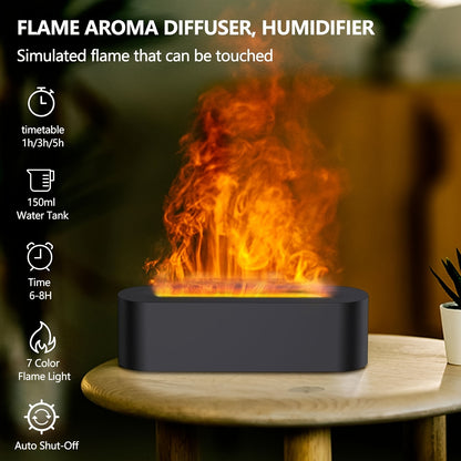 Black USB-powered essential oil humidifier with LED flame effect; perfect for home, office, or bedroom décor.