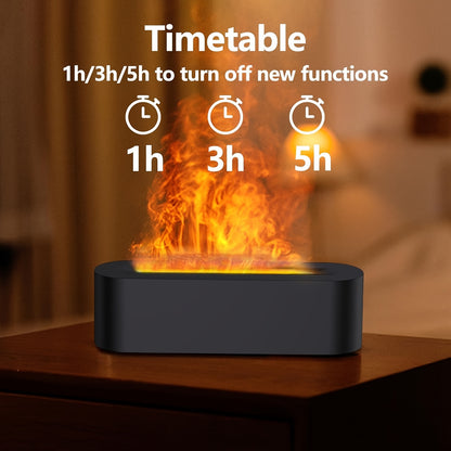 Black USB-powered essential oil humidifier with LED flame effect; perfect for home, office, or bedroom décor.