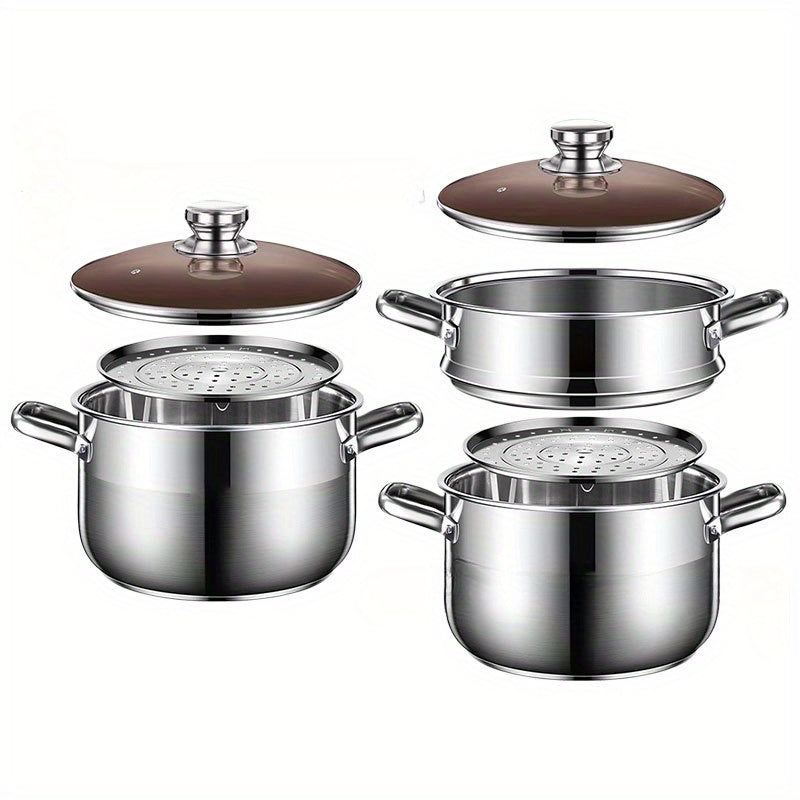 Stainless Steel Steamer Pot with Lid, 1 Piece, Semi-Sand Bright Finish, Includes Steam Grid, Easy to Clean and Durable, Compatible with Induction & Gas Stoves, Ideal for Cooking, Frying, and Hot Pot - Essential Kitchen Cookware