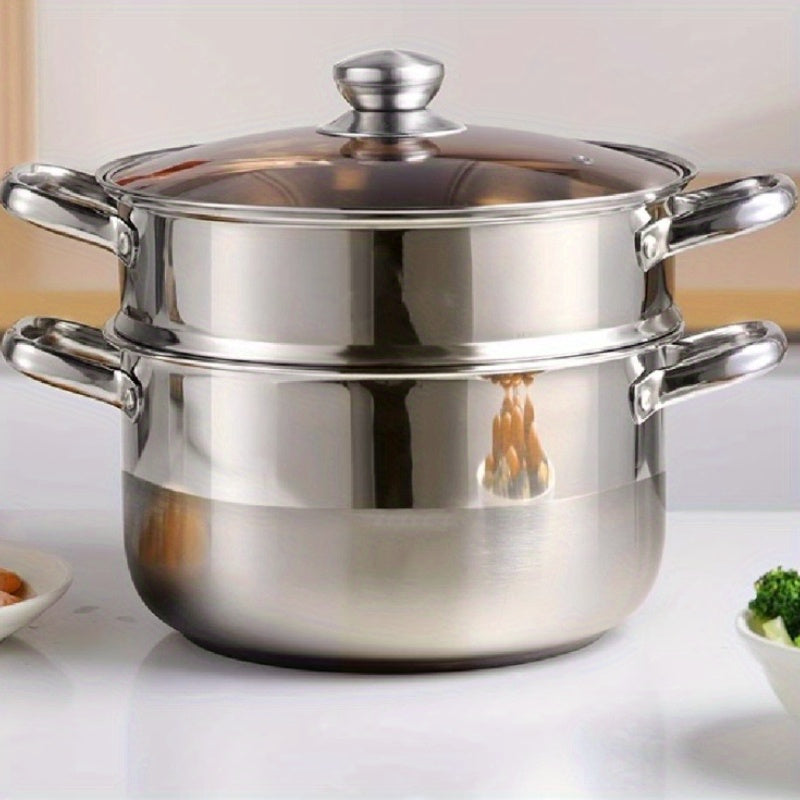 Stainless Steel Steamer Pot with Lid, 1 Piece, Semi-Sand Bright Finish, Includes Steam Grid, Easy to Clean and Durable, Compatible with Induction & Gas Stoves, Ideal for Cooking, Frying, and Hot Pot - Essential Kitchen Cookware