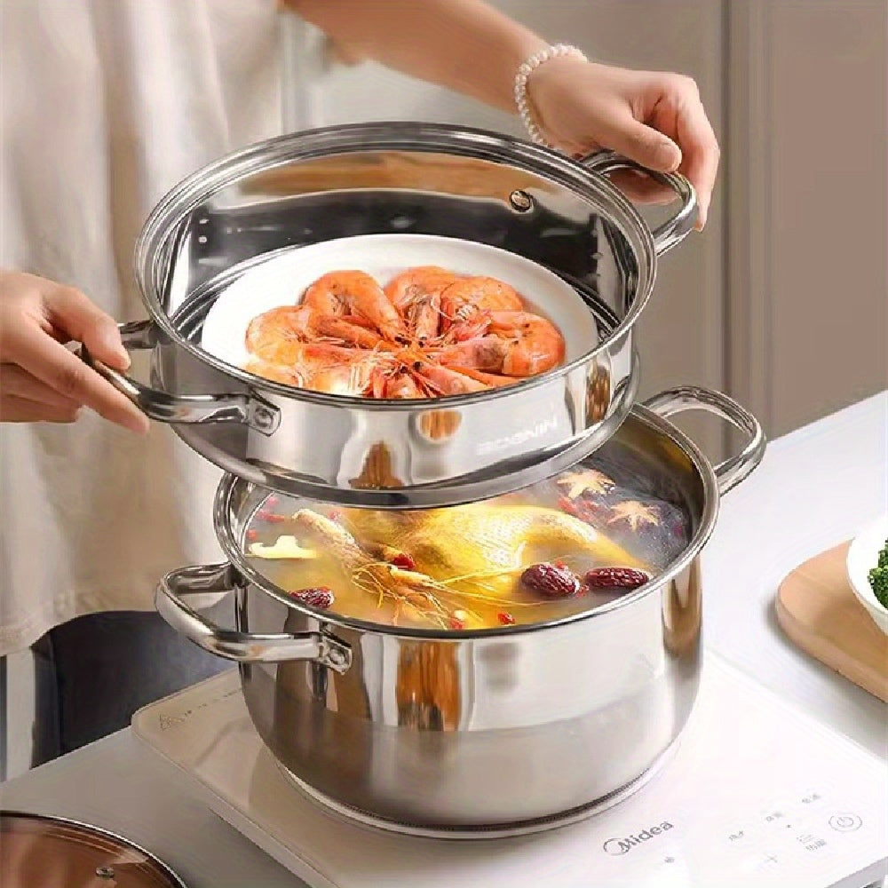 Stainless Steel Steamer Pot with Lid, 1 Piece, Semi-Sand Bright Finish, Includes Steam Grid, Easy to Clean and Durable, Compatible with Induction & Gas Stoves, Ideal for Cooking, Frying, and Hot Pot - Essential Kitchen Cookware