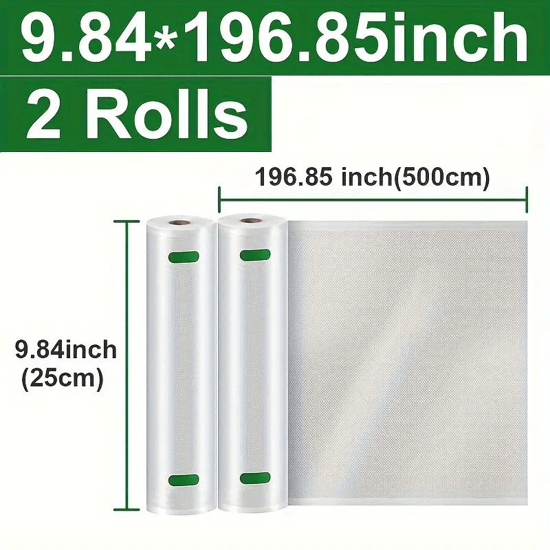 2 Rolls of 10 Meters in Total Food Vacuum Sealer Bags, Made with Durable Plastic for withstanding -18°C Temperatures, Ensuring 10% Freshness, and Achieving a 90% Vacuum Seal. Specifically designed for use in Kitchens and Restaurants.