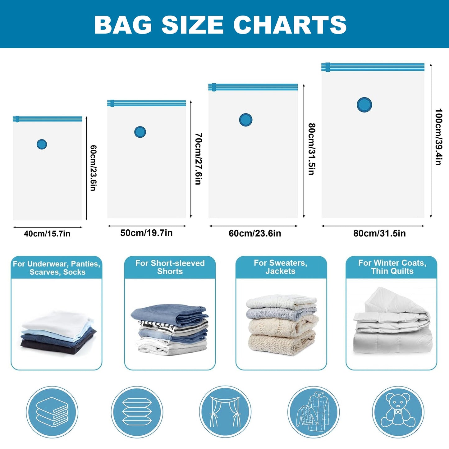 Individually Purchase a Vacuum Compression Storage Bag, Ideal for Sealing and Moving Clothes, Blankets, Shirts, Sweaters, Quilts. Perfect for Dorms, Closets, Wardrobes, Bedrooms, and Bathrooms. Save Space with this Household Organizer that Includes a