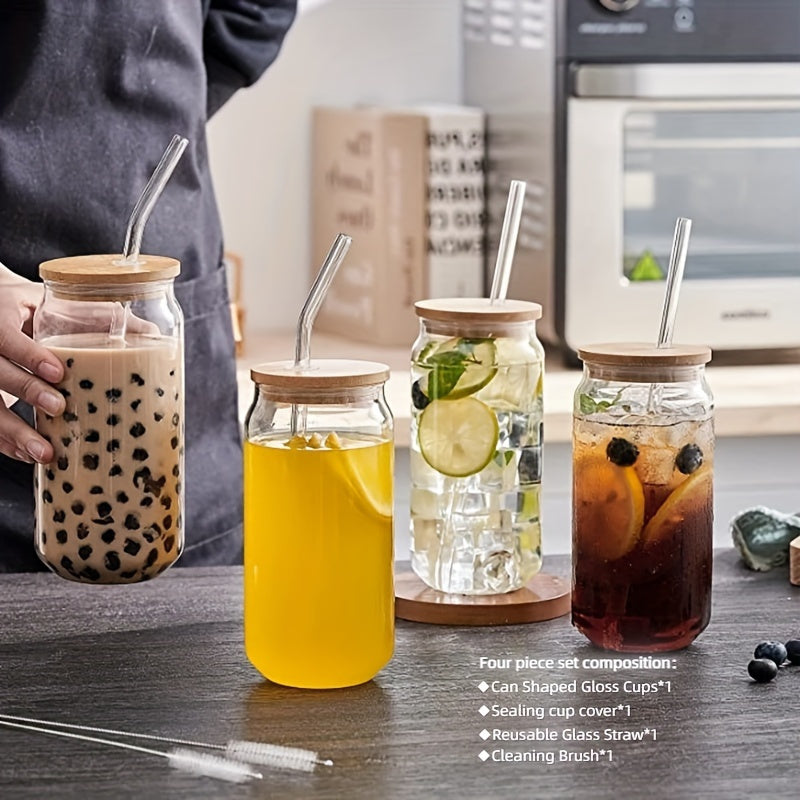 Set of 4 high borosilicate drinking cups with a 550ml water cup, bamboo lid, glass straw, and straw brush. Each cup holds approximately 603.8 grams, suitable for various drinks in