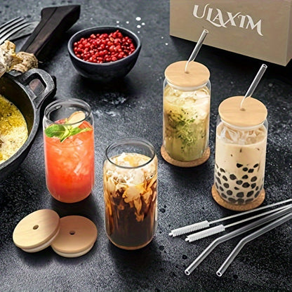 Set of 4 high borosilicate drinking cups with a 550ml water cup, bamboo lid, glass straw, and straw brush. Each cup holds approximately 603.8 grams, suitable for various drinks in