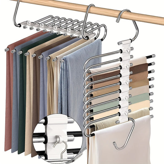 Space-saving stainless steel pants hanger with 1 piece, 5/9-layer design. Features non-slip S-hook for organizing tights, pants, and clothing in your closet.