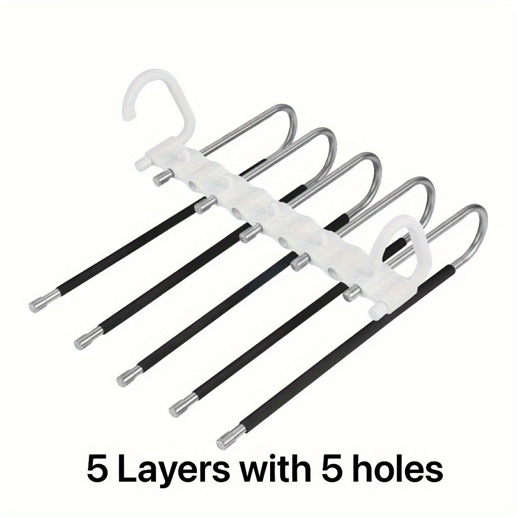 Space-saving stainless steel pants hanger with 1 piece, 5/9-layer design. Features non-slip S-hook for organizing tights, pants, and clothing in your closet.